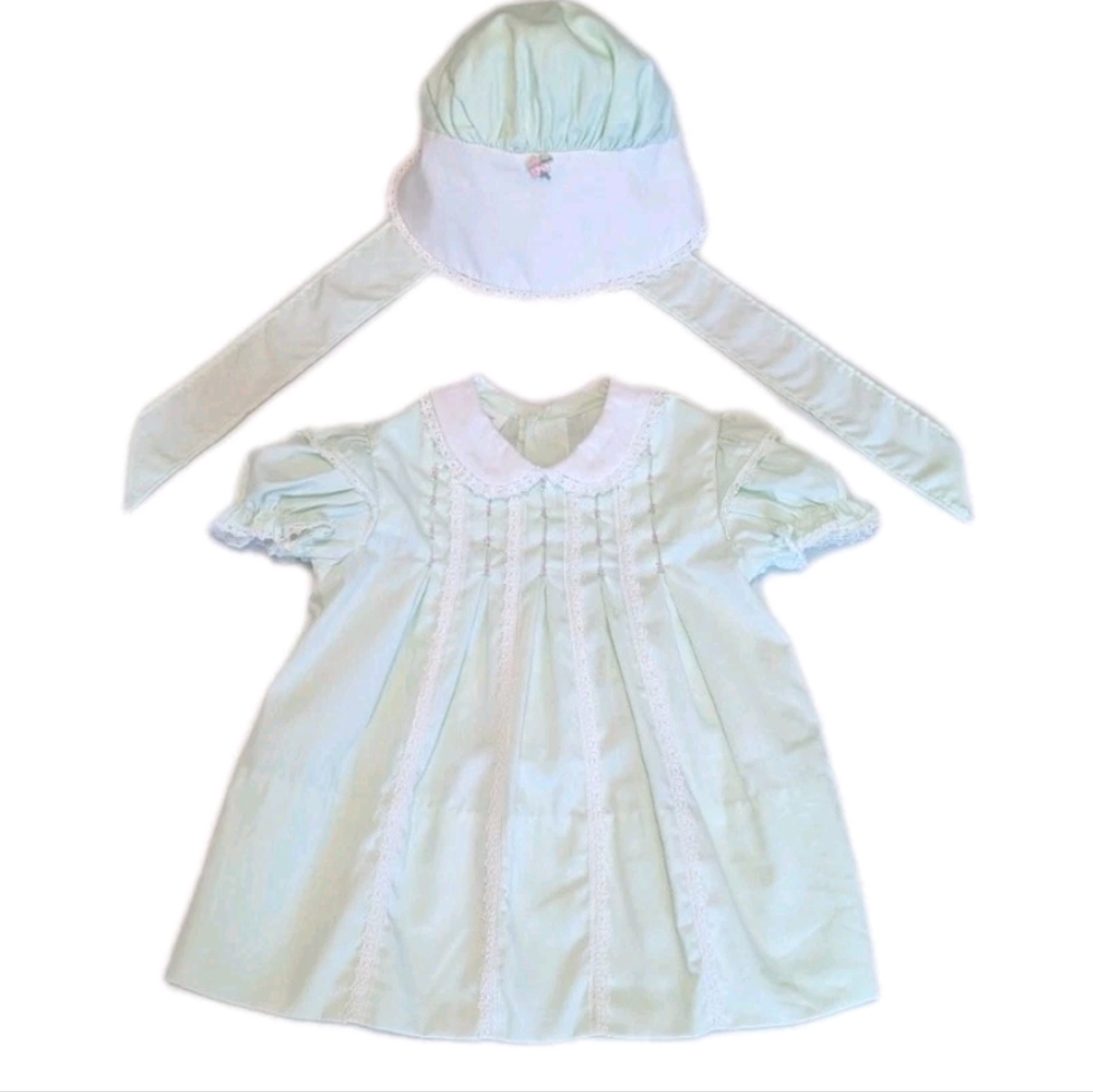 Vintage Polly Finders Hand Smocked Green Dress Bonnet Set 1970s Size 12 Mo Girls